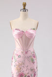 Vestido largo de graduación de fin de curso rosa sin tirantes con Corsé de cuentas y lentejuelas, con abertura