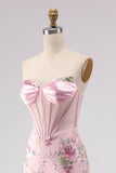 Vestido largo de graduación de fin de curso rosa sin tirantes con Corsé de cuentas y lentejuelas, con abertura