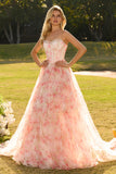 Corsé rosa A Line, con cuentas y tirantes con estampado de vestido largo de graduación floral y volantes