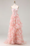 Corsé rosa A Line, con cuentas y tirantes con estampado de vestido largo de graduación floral y volantes
