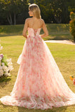 Corsé rosa A Line, con cuentas y tirantes con estampado de vestido largo de graduación floral y volantes