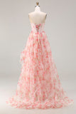 Corsé rosa A Line, con cuentas y tirantes con estampado de vestido largo de graduación floral y volantes