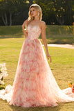Corsé rosa A Line, con cuentas y tirantes con estampado de vestido largo de graduación floral y volantes
