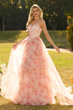 Corsé rosa A Line, con cuentas y tirantes con estampado de vestido largo de graduación floral y volantes