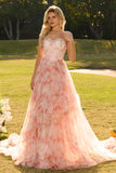 Corsé rosa A Line, con cuentas y tirantes con estampado de vestido largo de graduación floral y volantes