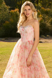 Corsé rosa A Line, con cuentas y tirantes con estampado de vestido largo de graduación floral y volantes