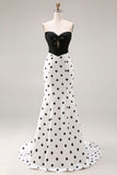 Vestido largo de lunares recortados de sirena negra blanca con lazo