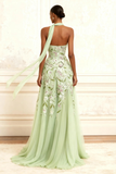Vestido largo de baile bordado sin tirantes Dusty Sage con abertura
