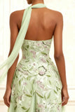 Vestido largo de baile bordado sin tirantes Dusty Sage con abertura