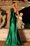 Vestido largo de baile de satén verde oscuro con cuentas de sirena de un hombro y abertura