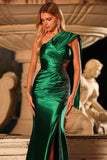 Vestido largo de baile de satén verde oscuro con cuentas de sirena de un hombro y abertura