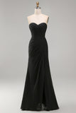 Vestido formal largo de gasa negra con tirantes y funda