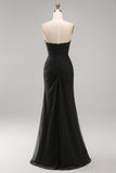 Vestido formal largo de gasa negra con tirantes y funda