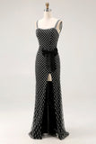Vestido largo de fiesta con tirantes de espagueti de sirena con cuentas negras y lazo lateral de estrás con abertura