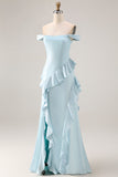 Vestido largo de dama de honor azul claro de sirena con volantes y volantes
