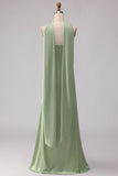 Vestido largo largo de dama de honor de satén de sirena salvia sin tirantes con bufanda en el cuello