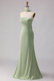 Vestido largo largo de dama de honor de satén de sirena salvia sin tirantes con bufanda en el cuello