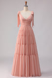Blush Línea A Tiras con lazos con espaldas abiertas y chiffon vestido largo de dama de honor