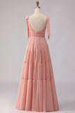 Blush Línea A Tiras con lazos con espaldas abiertas y chiffon vestido largo de dama de honor
