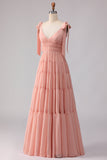 Blush Línea A Tiras con lazos con espaldas abiertas y chiffon vestido largo de dama de honor