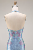 Vestido largo de sirena de satén azul claro con cuentas y cuello en V con abertura y brillante