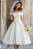 Vestido de novia midi de marfil descubierto con lazo en línea marfil