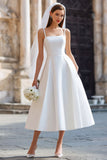 Vestido de novia largo de tirantes finos blanco A Line con lazo desmontable