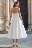 Vestido de novia largo de tirantes finos blanco A Line con lazo desmontable
