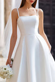 Vestido de novia largo de tirantes finos blanco A Line con lazo desmontable