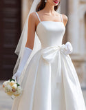 Vestido de novia largo de tirantes finos blanco A Line con lazo desmontable