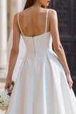 Vestido de novia largo de tirantes finos blanco A Line con lazo desmontable