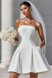 Vestido de novia blanco A Line Strapless Short con bolsillos