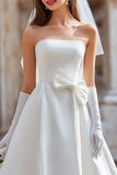 Vestido de novia blanco sin tirantes A Line con lazo (sin guantes)
