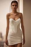 Vestido corto corto de novia corto corto de satén marfil con flecos