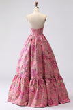 Vestido largo de graduación sin tirantes de Corsé Fuchsia Jacquard Línea A