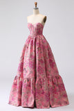 Vestido largo de graduación sin tirantes de Corsé Fuchsia Jacquard Línea A