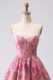 Vestido largo de graduación sin tirantes de Corsé Fuchsia Jacquard Línea A