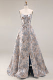 Silver Jacquard Strapless A Line Corset Long Dress de baile con abertura