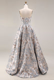 Silver Jacquard Strapless A Line Corset Long Dress de baile con abertura