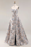Silver Jacquard Strapless A Line Corset Long Dress de baile con abertura