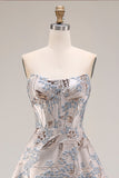 Silver Jacquard Strapless A Line Corset Long Dress de baile con abertura
