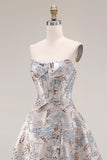 Silver Jacquard Strapless A Line Corset Long Dress de baile con abertura