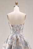 Silver Jacquard Strapless A Line Corset Long Dress de baile con abertura