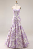 Vestido largo de baile floral de satén sirena lila jacquard brocado sin tirantes