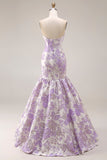 Vestido largo de baile floral de satén sirena lila jacquard brocado sin tirantes