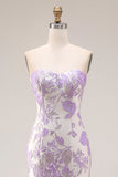 Vestido largo de baile floral de satén sirena lila jacquard brocado sin tirantes