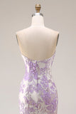 Vestido largo de baile floral de satén sirena lila jacquard brocado sin tirantes