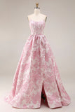 Corsé rosa floral sin tirantes Jacquard brocado A-line A-line con abertura