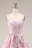 Corsé rosa floral sin tirantes Jacquard brocado A-line A-line con abertura