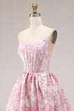 Corsé rosa floral sin tirantes Jacquard brocado A-line A-line con abertura